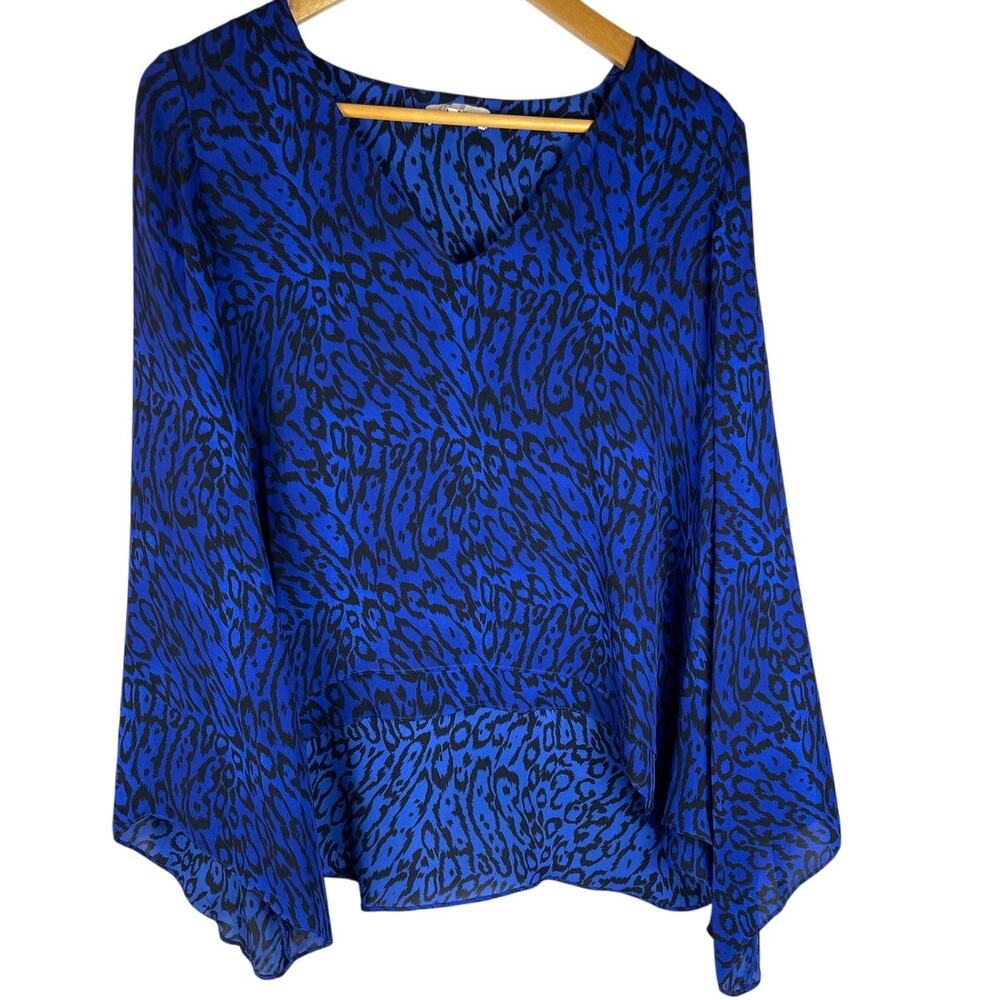 Parker Silk Colbalt Blue & Black Animal Print Wide Sleeve Layered Blouse Size XS